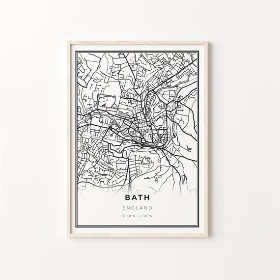 Bath England Black White Minimalist City Street Map Art Poster
