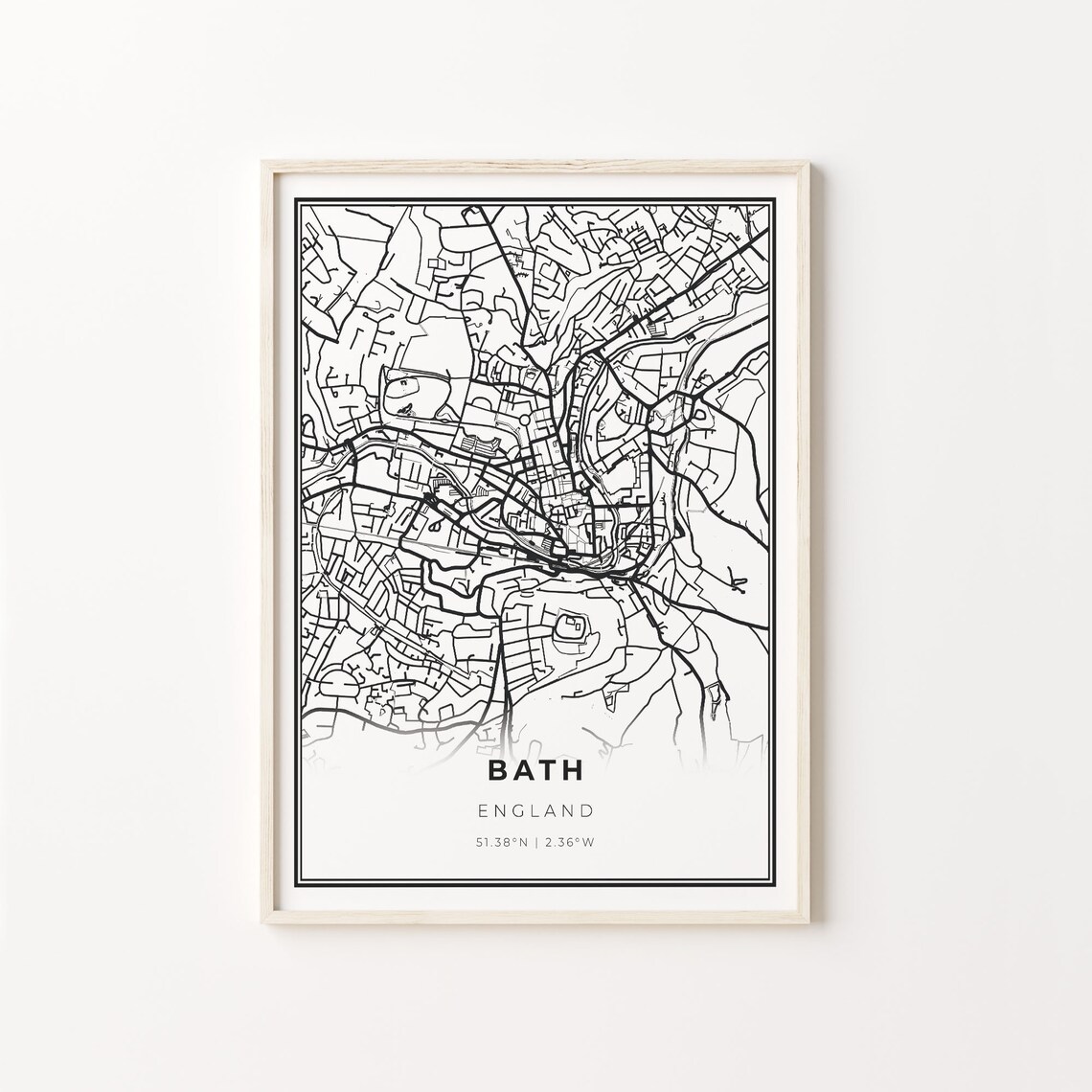 Bath England Black White Minimalist City Street Map Art Poster