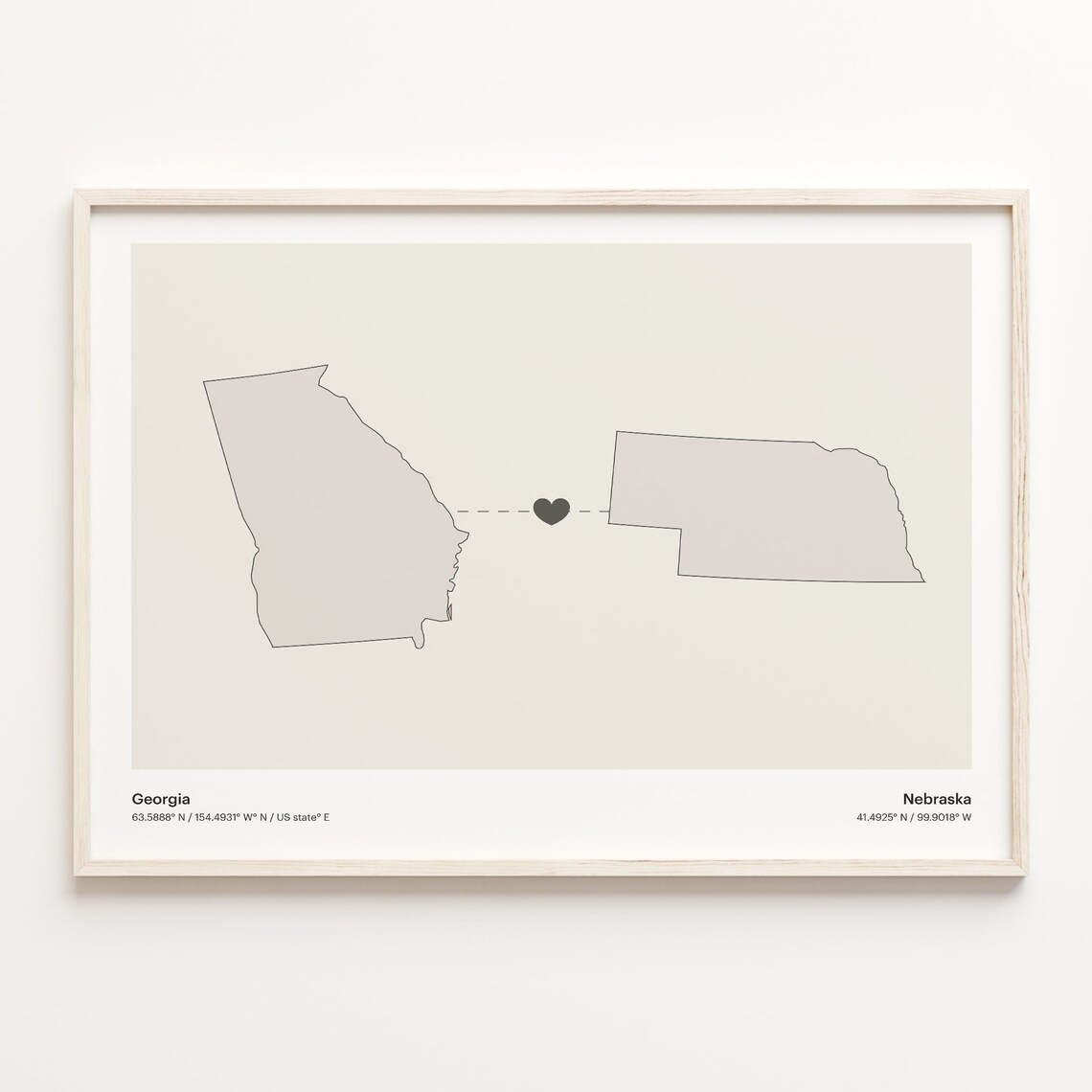 Georgia to Nebraska Long Distance Love Heart Connection Map Poster