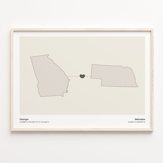 Georgia to Nebraska Long Distance Love Heart Connection Map Poster