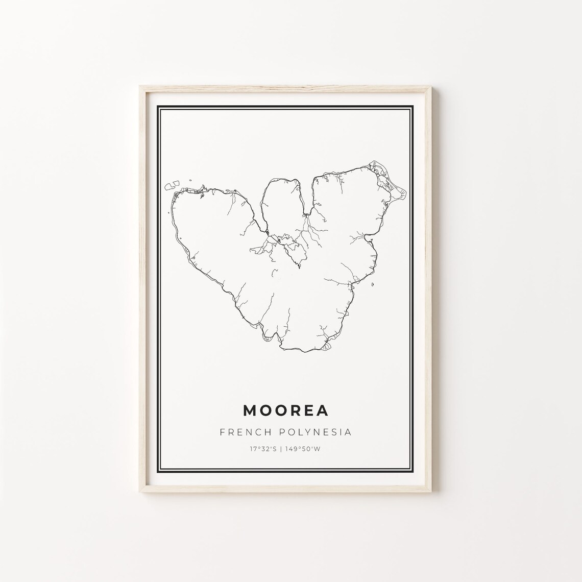 Moorea French Polynesia Modern Black And White Street Map Coordinates Poster