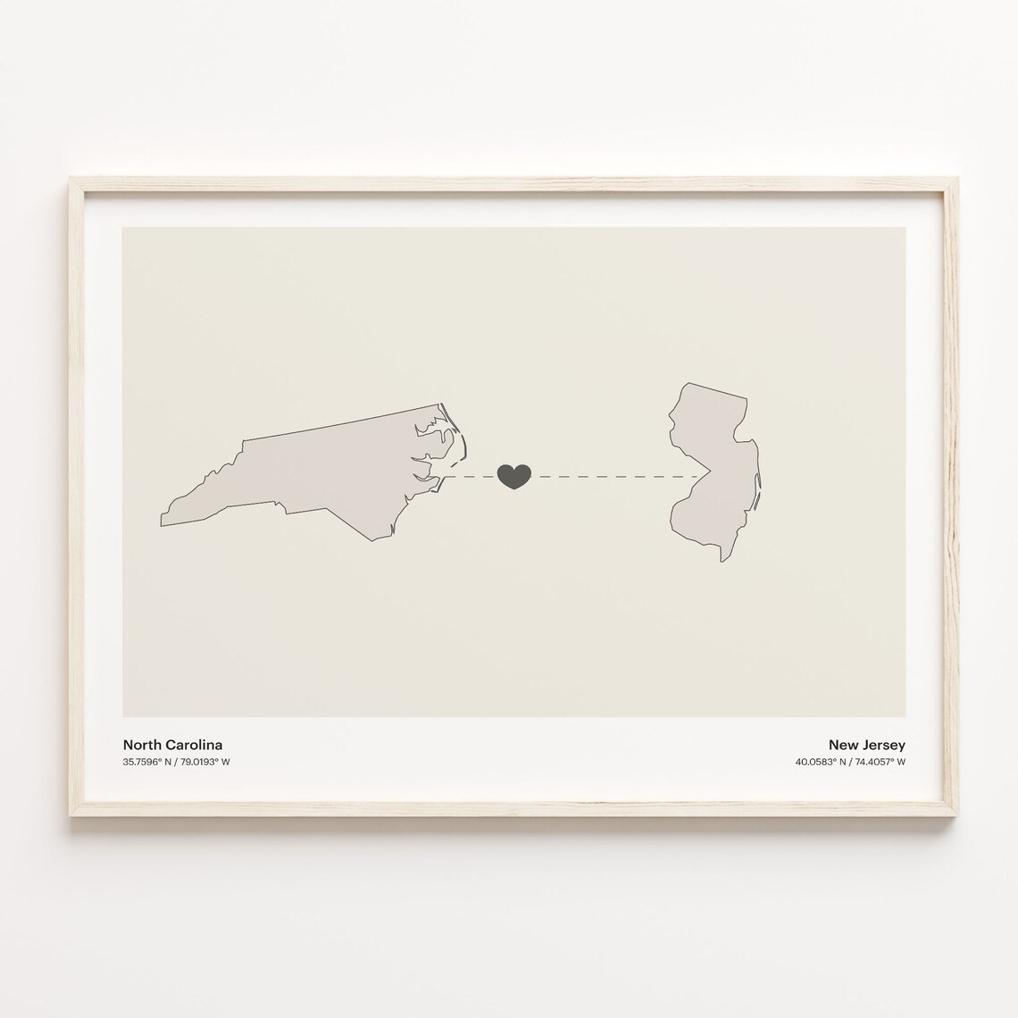 North Carolina to New Jersey Minimalist Long Distance Connection Map Poster