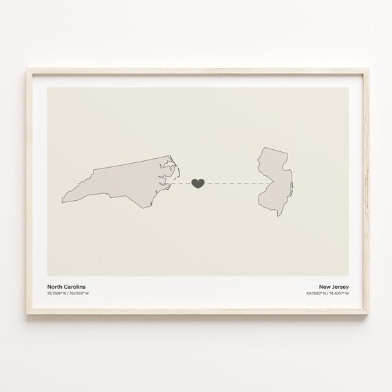 North Carolina to New Jersey Minimalist Long Distance Connection Map Poster