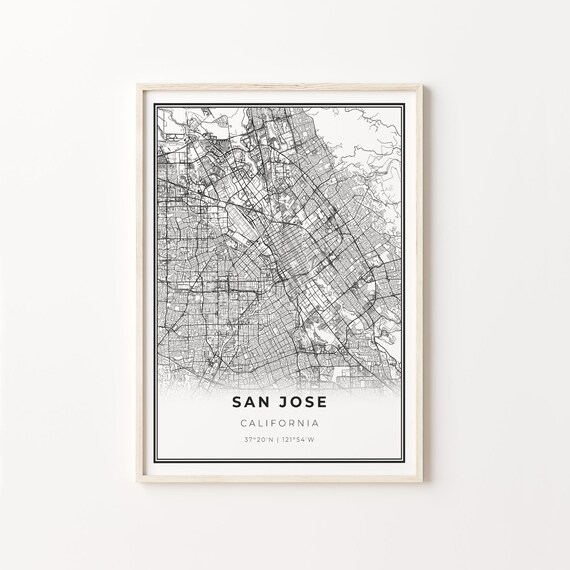 San Jose California Modern Minimalist Black White Street Map Poster