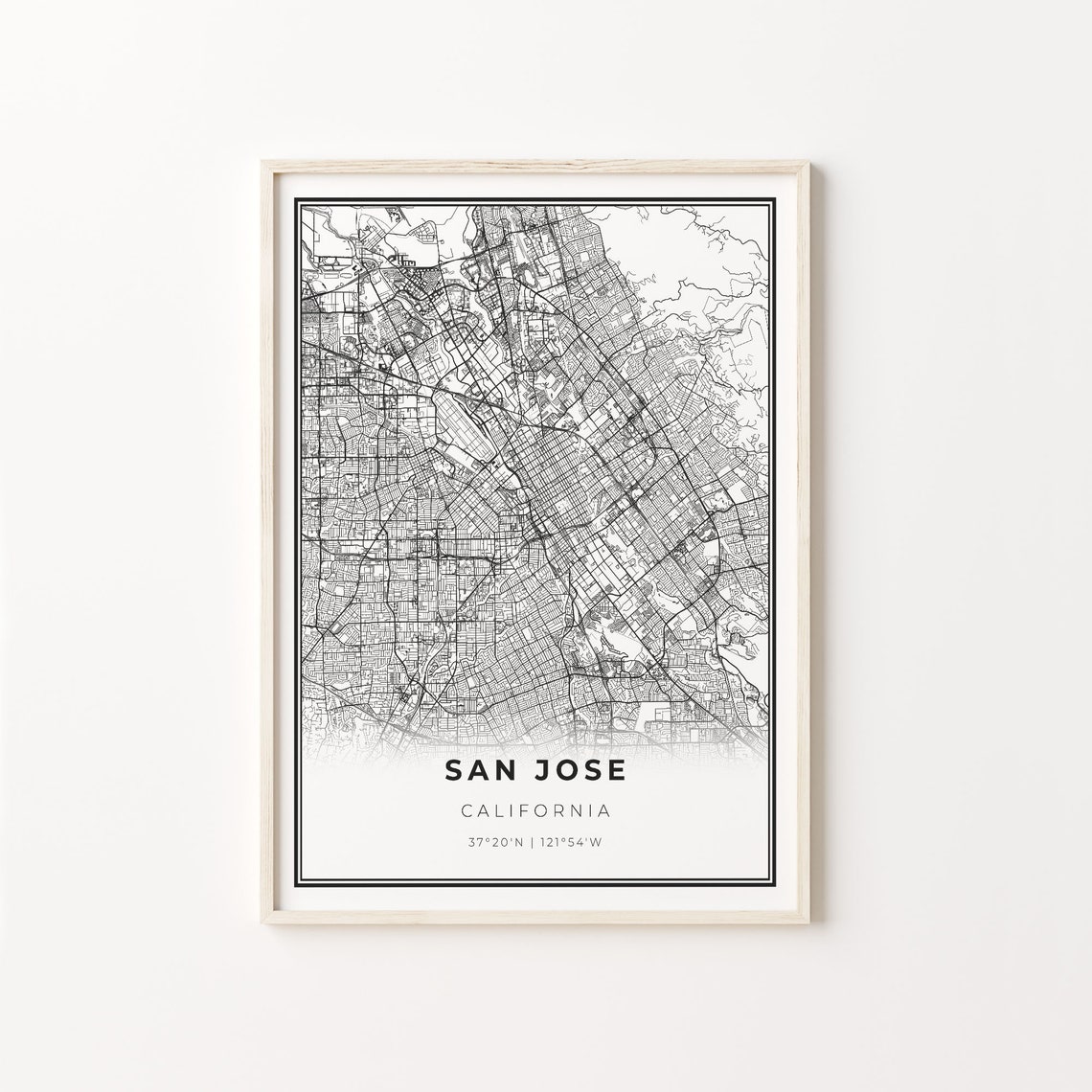 San Jose California Modern Minimalist Black White Street Map Poster