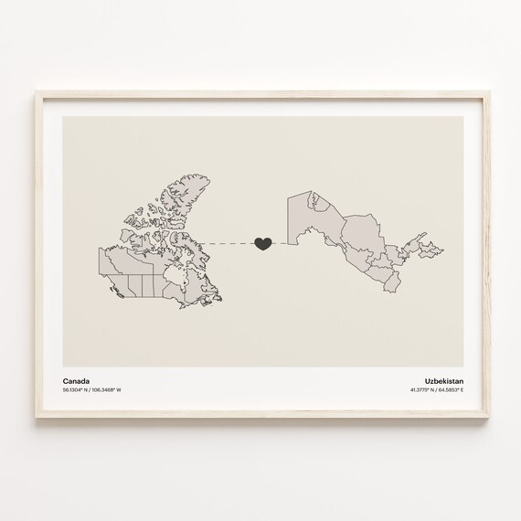 Canada To Uzbekistan Heart Map Minimalist Country Connection Poster