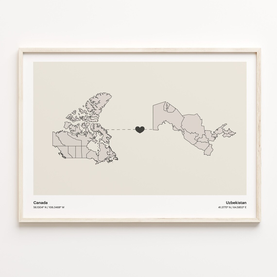 Canada To Uzbekistan Heart Map Minimalist Country Connection Poster