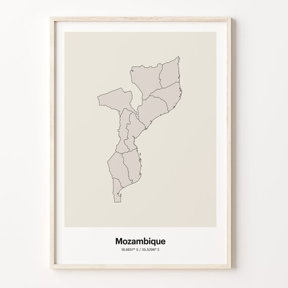 Mozambique Minimalist Country Outline Map Beige Coordinate Line Art Poster