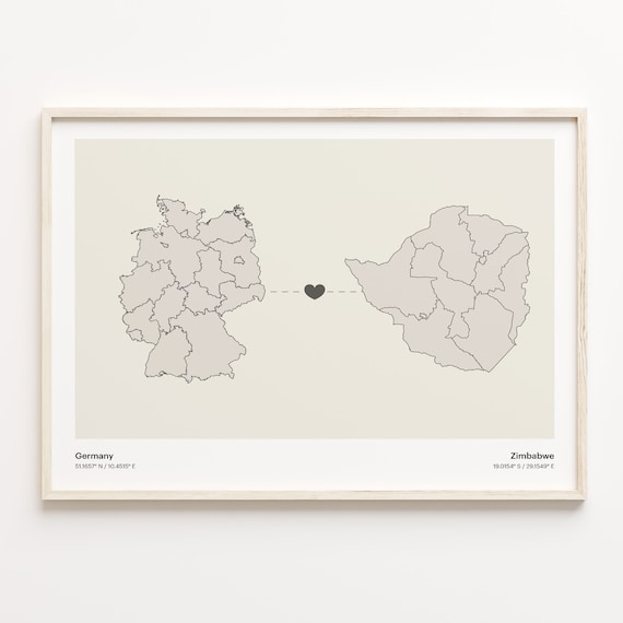 Germany To Zimbabwe Heart Connected Places Map Art Gift Poster
