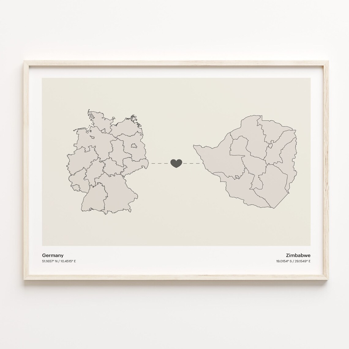 Germany To Zimbabwe Heart Connected Places Map Art Gift Poster