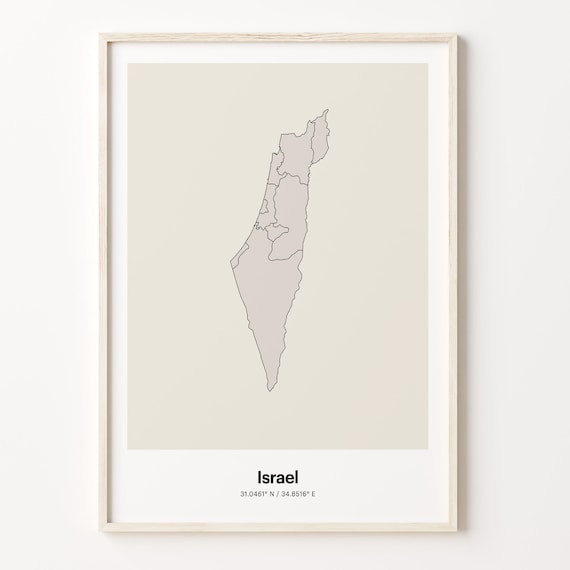 Israel Minimalist Map Poster With Printed Coordinates Neutral Home Decor