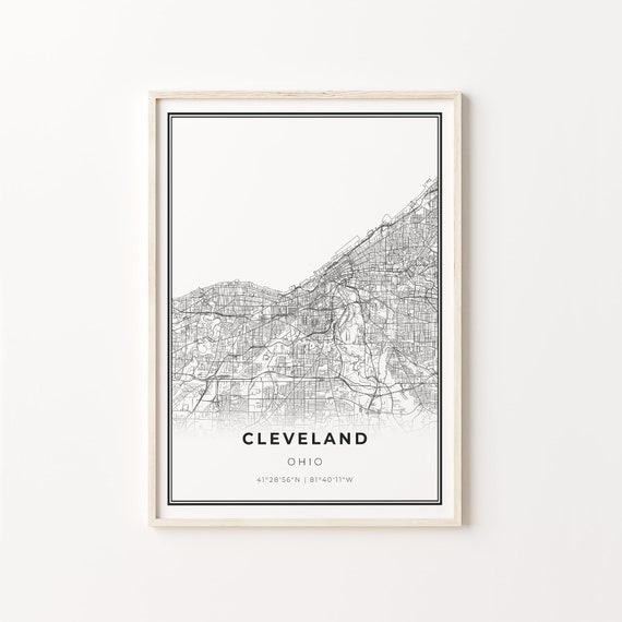 Cleveland City Map Art Print, Modern Black and White