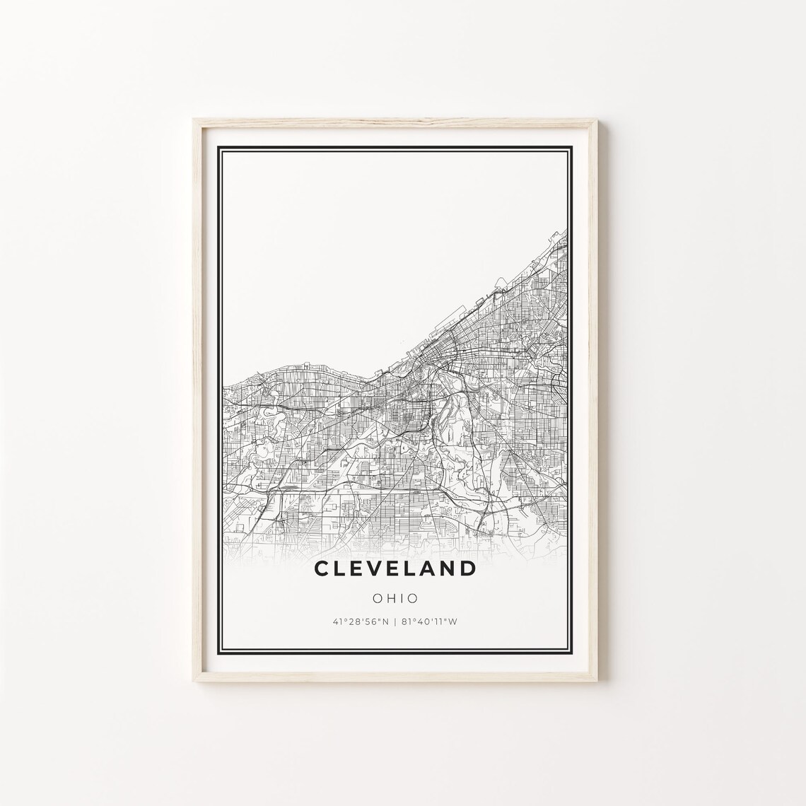 Cleveland City Map Art Print, Modern Black and White
