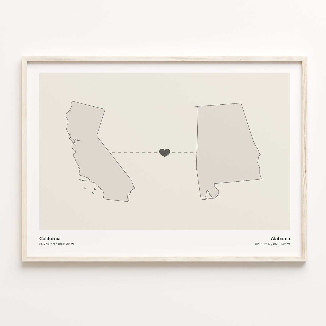 California To Alabama Heart Connected Places Map Art Gift Poster