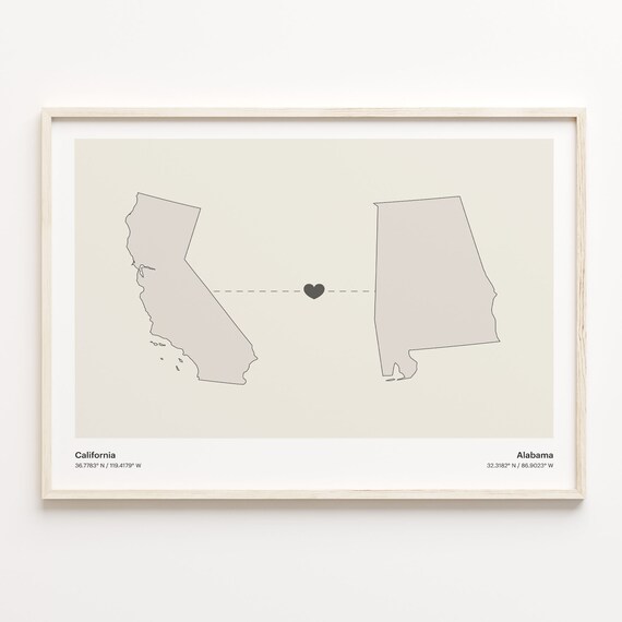 California To Alabama Heart Connected Places Map Art Gift Poster