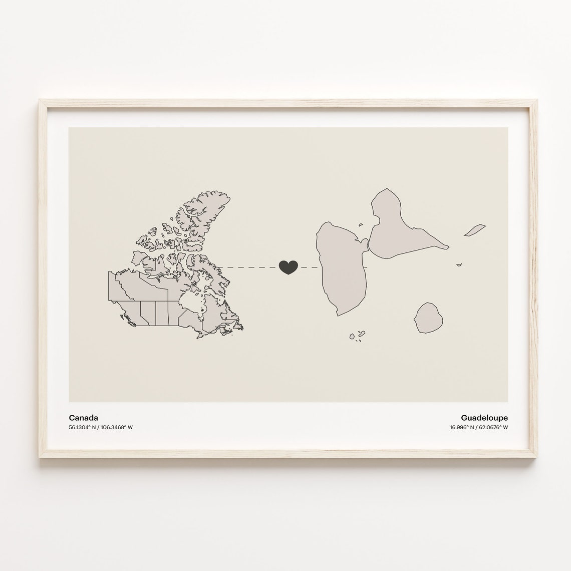 Canada To Guadeloupe Heart Connection Minimalist Map Art Print