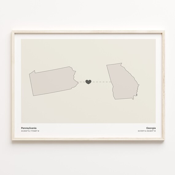 Pennsylvania to Georgia Long Distance Heart Map Minimalist Connection Poster