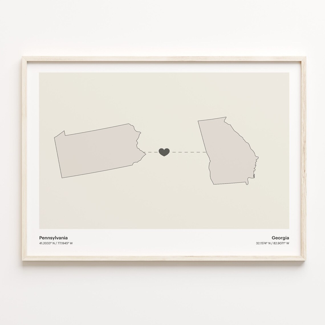 Pennsylvania to Georgia Long Distance Heart Map Minimalist Connection Poster