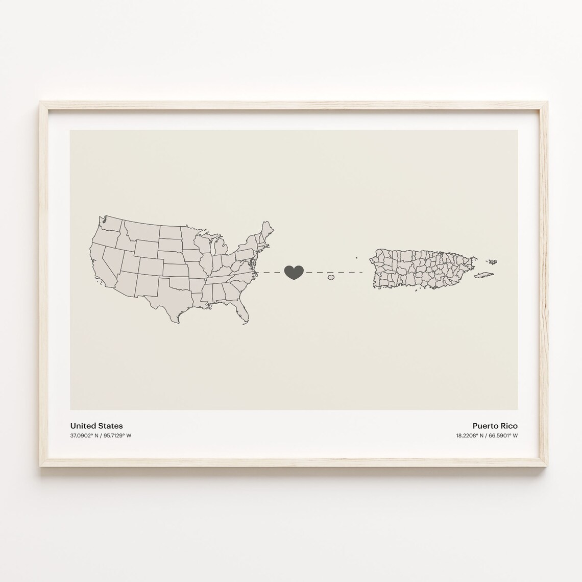 United States Puerto Rico Heart Connection Map Poster for Love