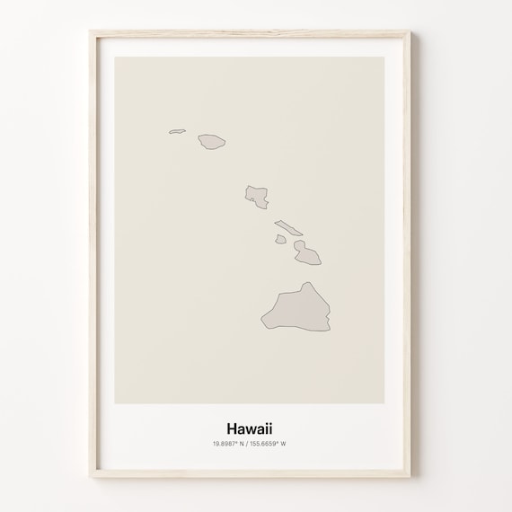 Hawaii State Map Minimalist Beige Line Art Tropical Gift Poster