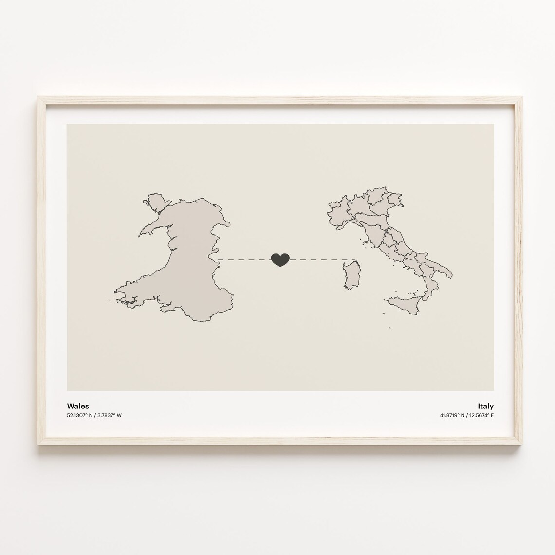 Beautiful Wales Italy Long Distance Heart Connection Map Poster Gift