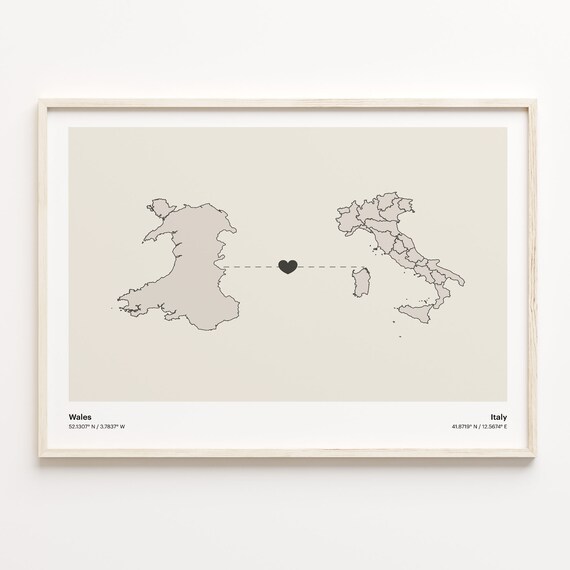 Beautiful Wales Italy Long Distance Heart Connection Map Poster Gift