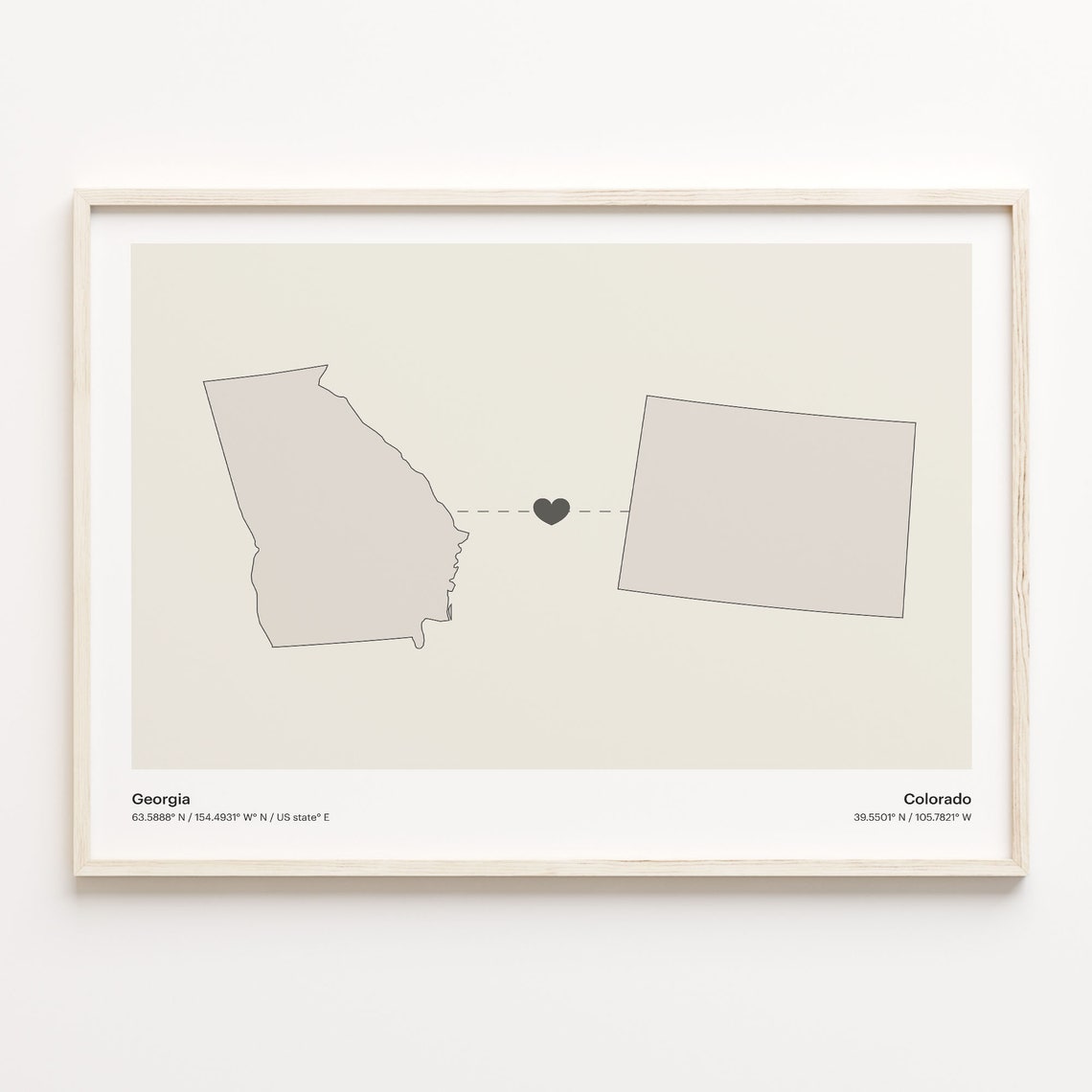 Georgia Colorado Long Distance Love Heart Minimalist Map Poster