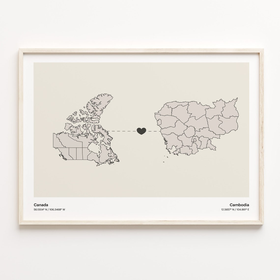 Canada To Cambodia Long Distance Love Minimalist Map Art Poster