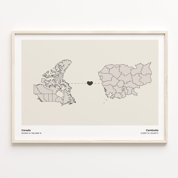 Canada To Cambodia Long Distance Love Minimalist Map Art Poster
