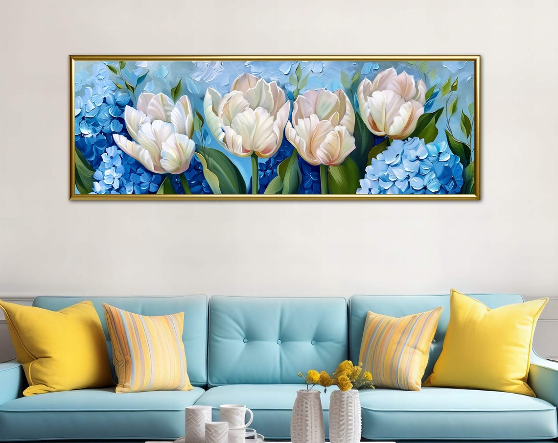 Elegant White Tulips Blue Hydrangeas Panoramic Floral Painting Poster