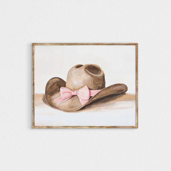 Brown Cowboy Hat Pink Bow Watercolor Western Girls Art Poster