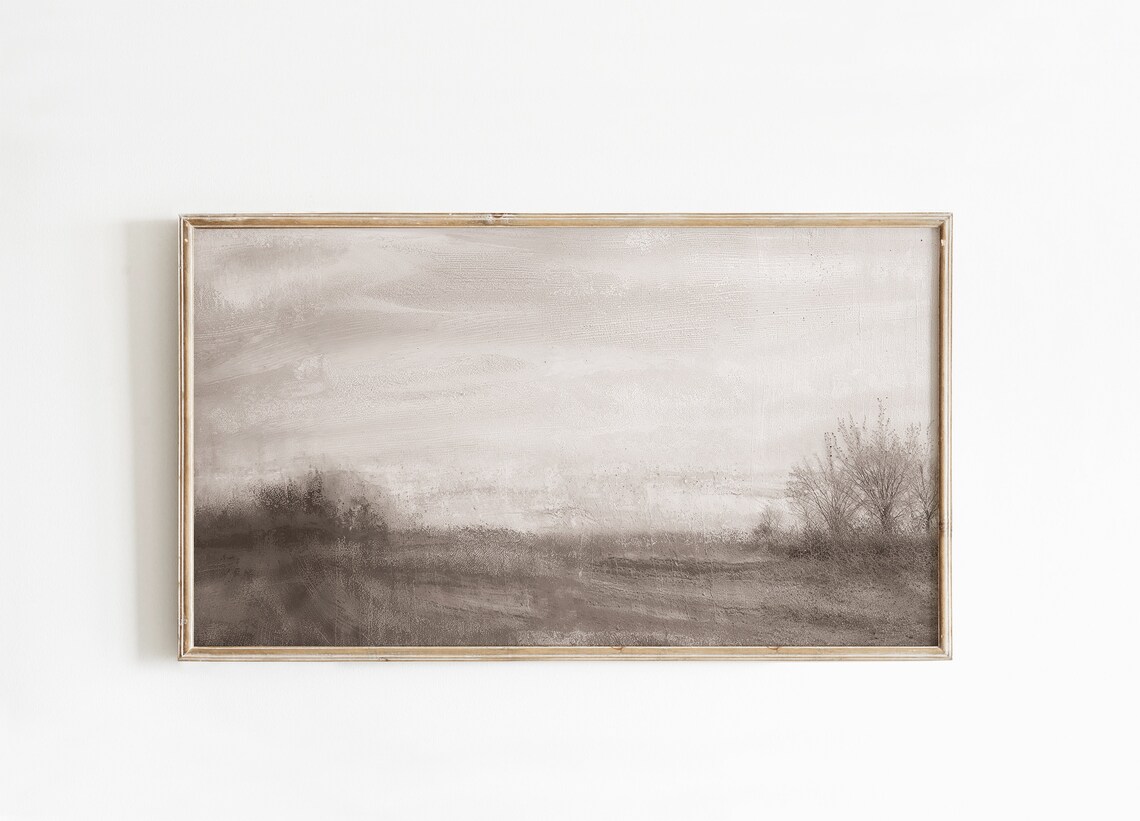 Moody Grey Winter Landscape Painting Misty Neutral Field Poster
