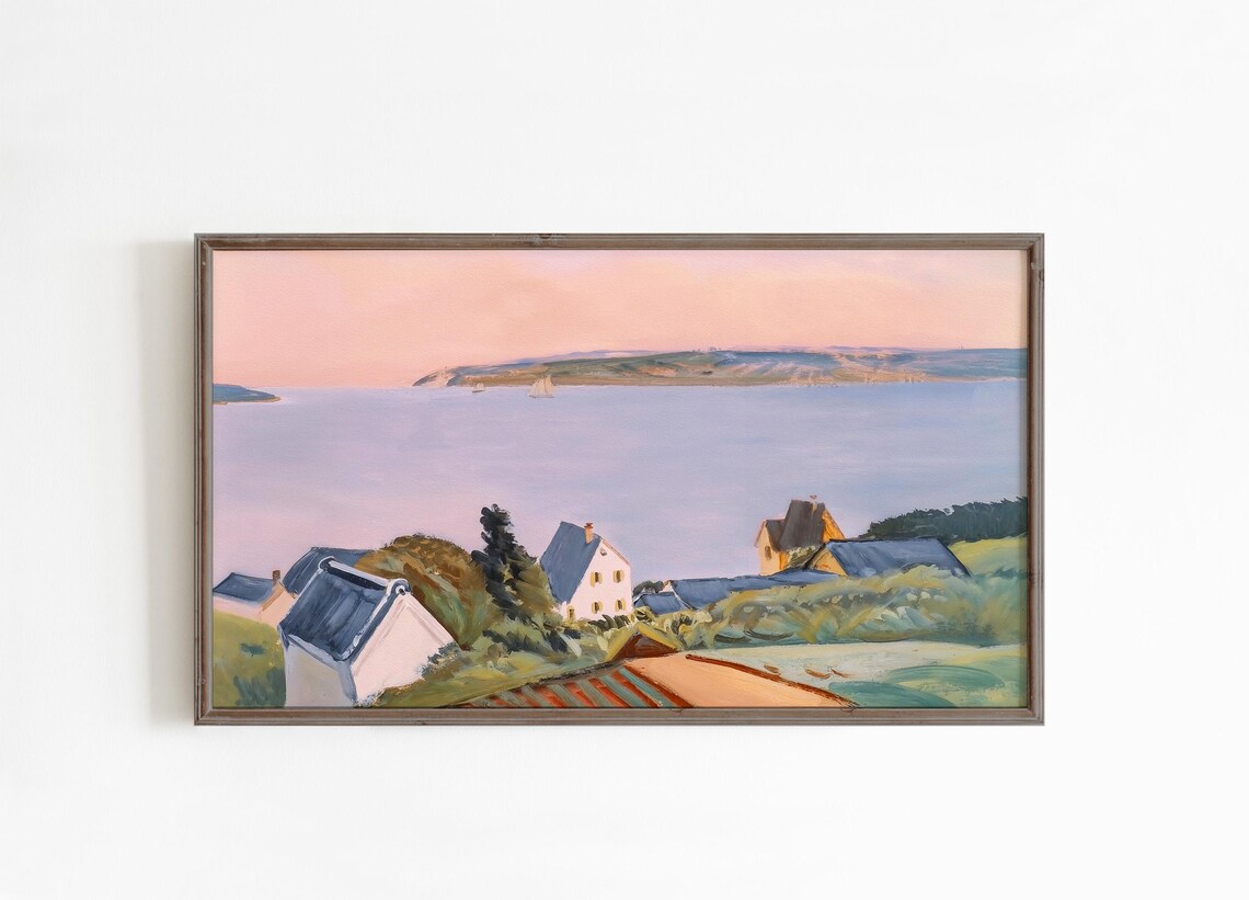 Coastal Village Sunset Cottages Pastel Seascape Vintage Poster - Image 4