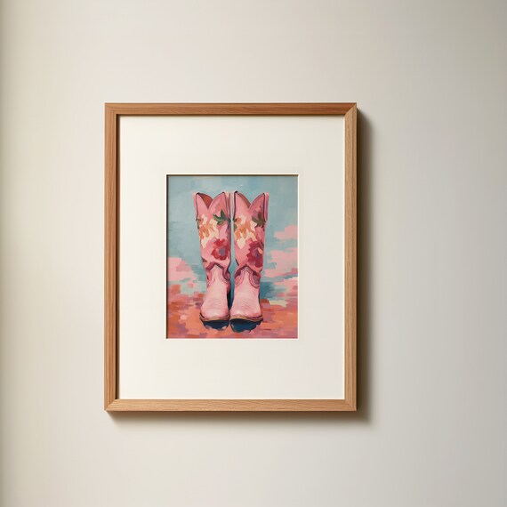 Pink Floral Cowboy Boots Coastal Western Painting Decor Poster
