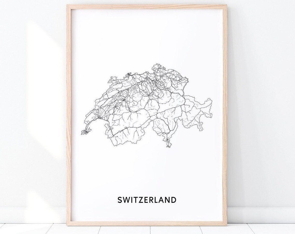 Switzerland Map Print Wall Art Poster Country Black White Modern Office Decor