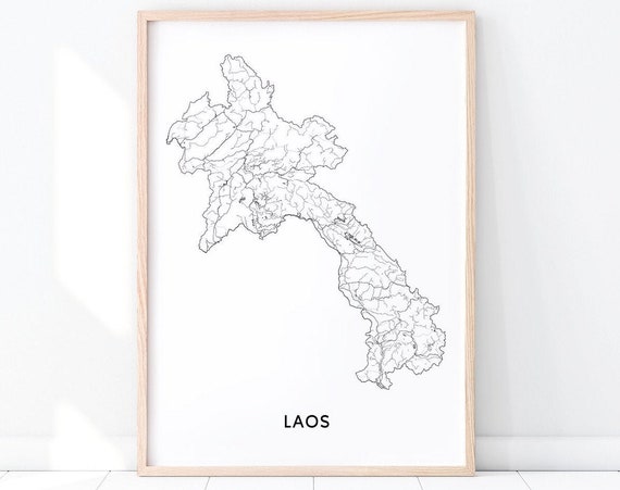 Laos Map Print Art Street Road Poster Country Maps Black And White Modern Wall Home Office Decor