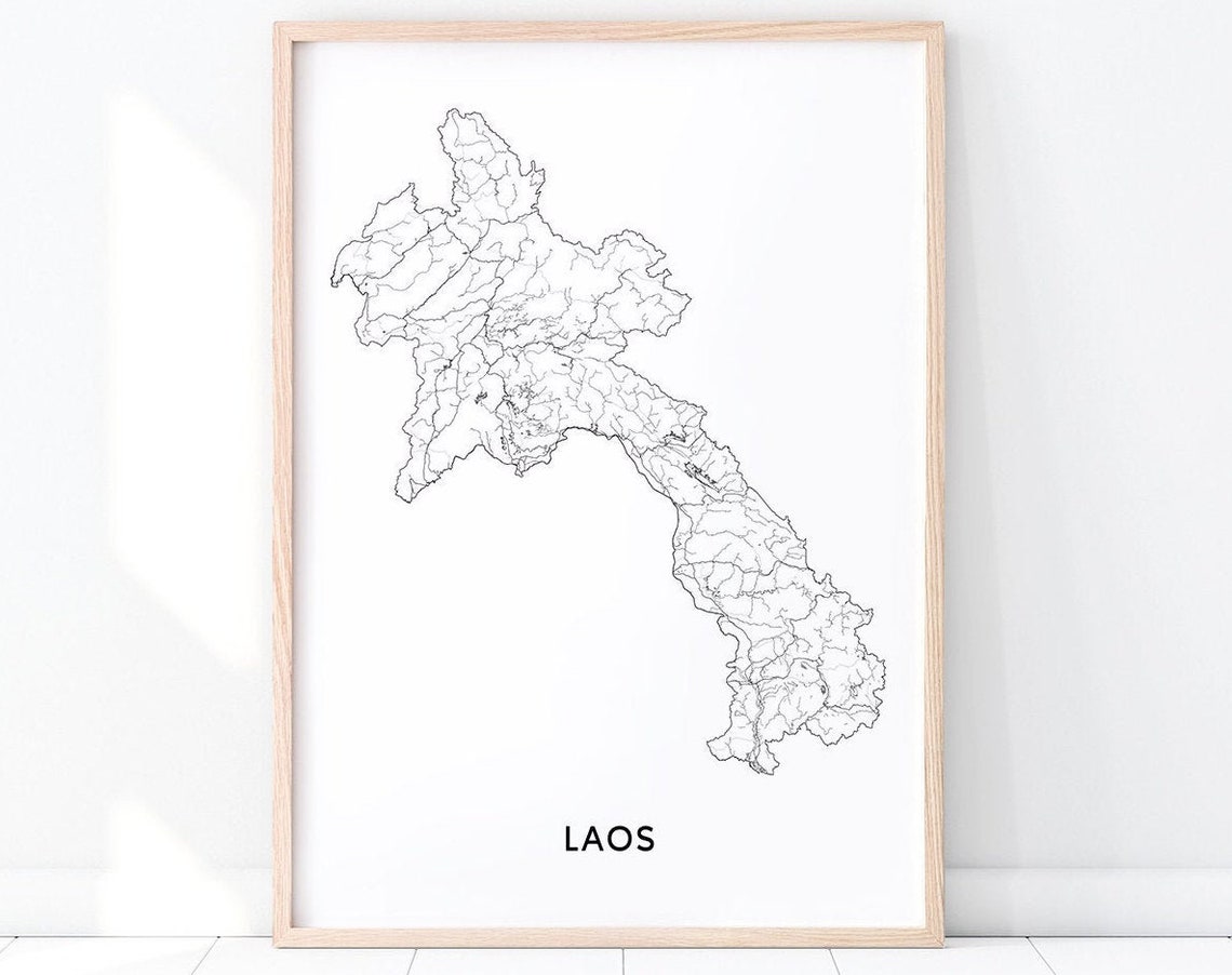 Laos Map Print Art Street Road Poster Country Maps Black And White Modern Wall Home Office Decor