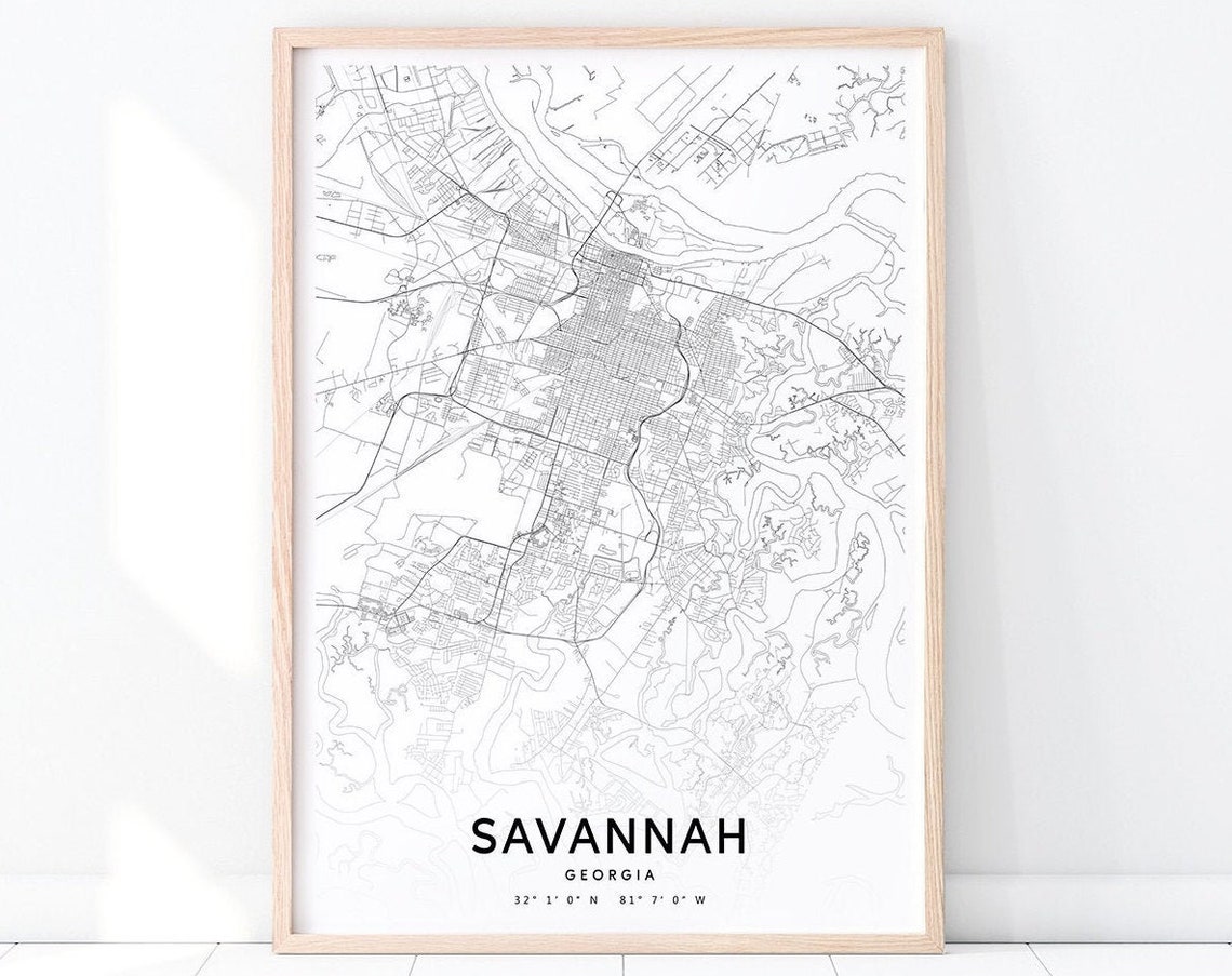 Savannah Georgia City Street Map Modern Minimalist Line Map Poster