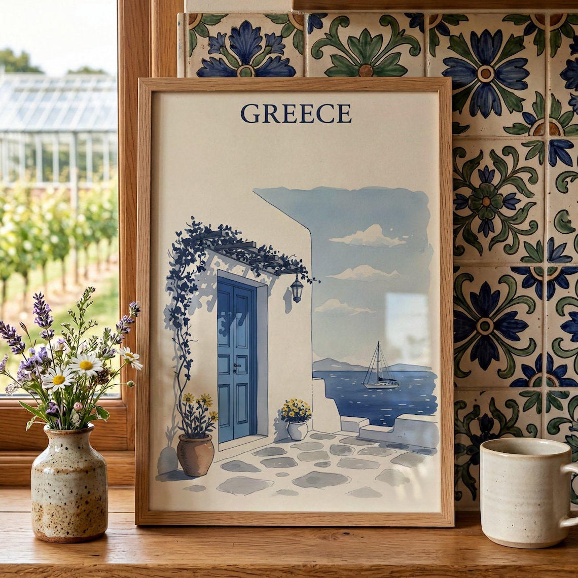 Greece Blue Doorway Aegean Sea Sailboat Watercolor Travel Poster
