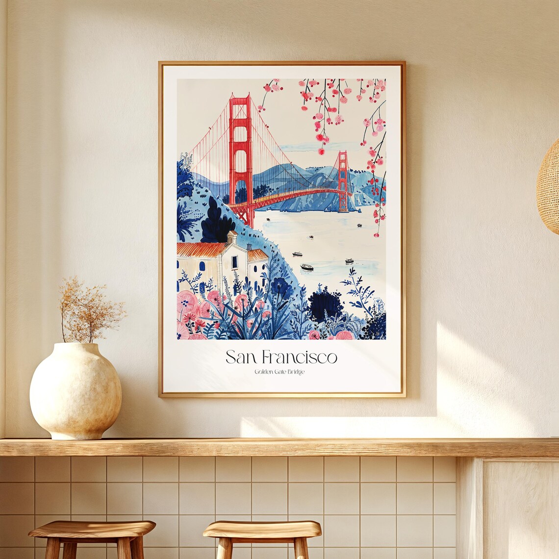 San Francisco Golden Gate Bridge Cherry Blossom Watercolor Art Print - Image 2