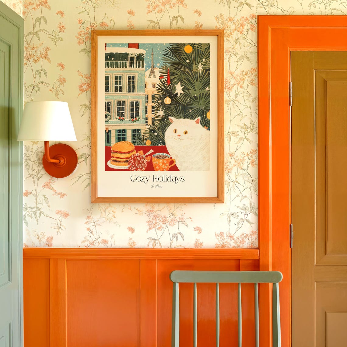 Cozy Holidays in Paris White Cat Christmas Watercolor Art Print - Image 2