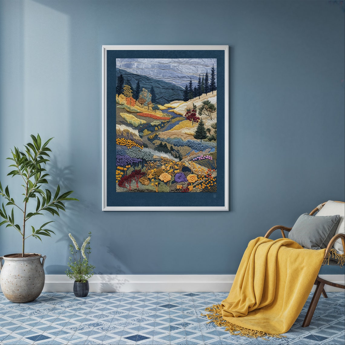 Textured Meadow Landscape Embroidered Wildflower Valley Art Print - Image 2