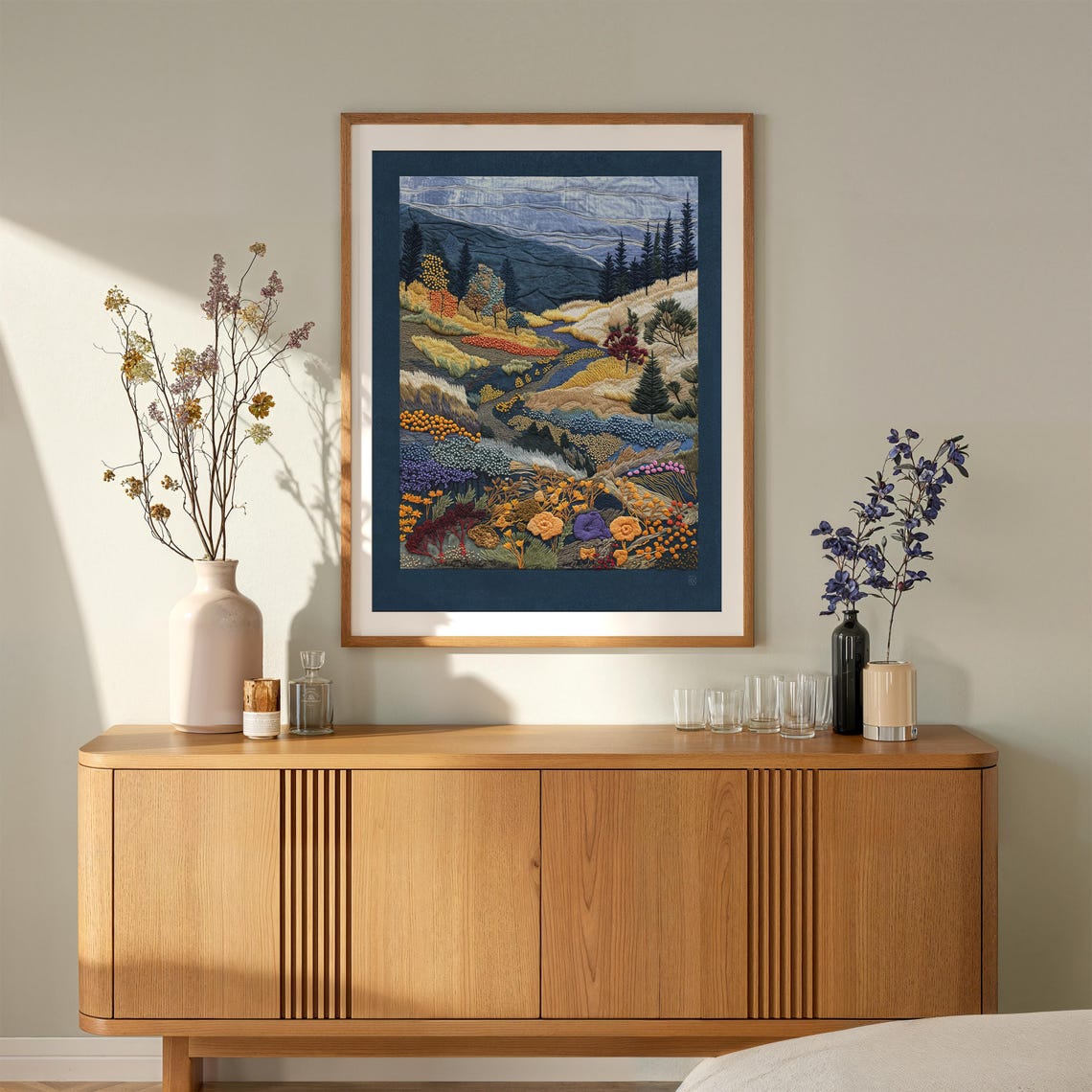 Textured Meadow Landscape Embroidered Wildflower Valley Art Print - Image 3