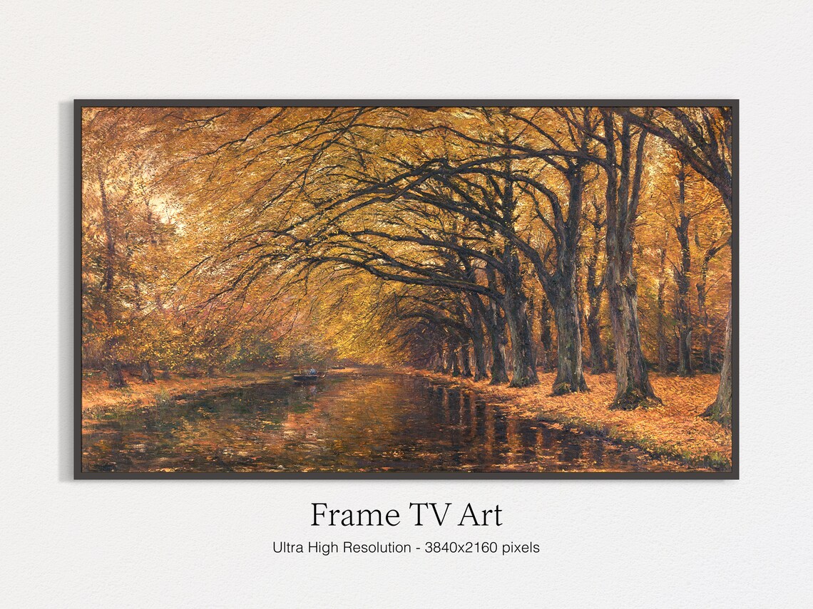 Golden Autumn Tree Avenue Reflecting in Water Vintage Oil Painting