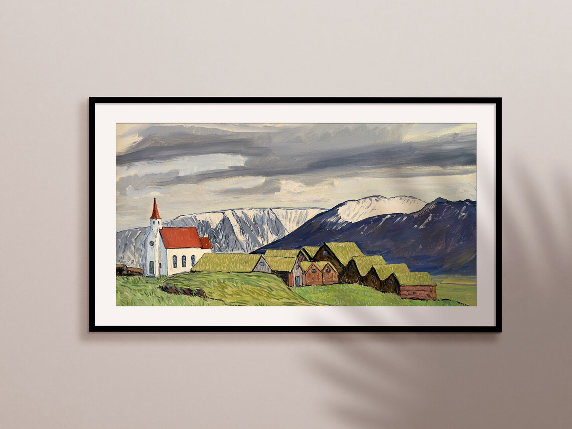 Icelandic Village Church Turf Houses Mountain Landscape Travel Poster - Image 2
