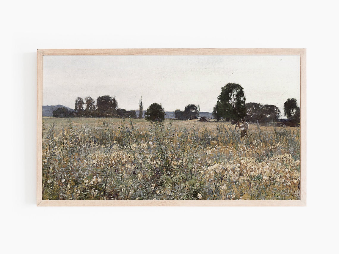Neutral Wildflower Meadow Field Painting Vintage Landscape Wall Art - Image 3