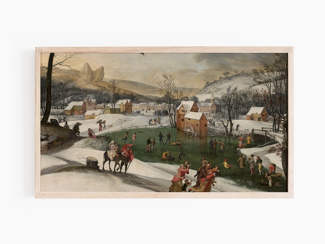 Flemish Village Winter Pond Ice Skaters Antique Oil Painting Wall Art - Image 2