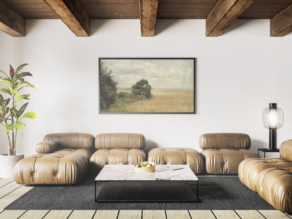 Muted Vintage Lone Tree Golden Field Cloudy Sky Landscape Print - Image 3