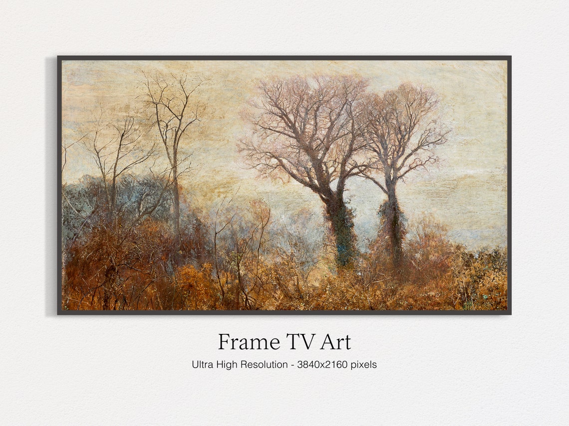 Bare Trees at Dusk Autumn Meadow Vintage Landscape Oil Painting Print