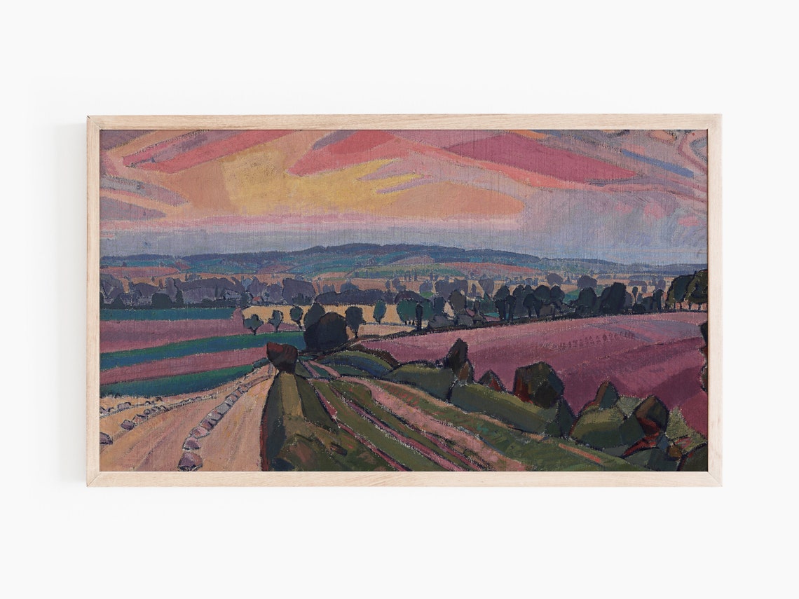Expressionist Countryside Sunset Painting Pink Fields Landscape Art - Image 3